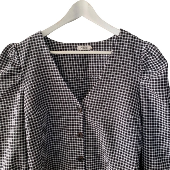 Essue Black and White Gingham Print V Neck Button Up Puff Sleeve Top Medium - Picture 3 of 8